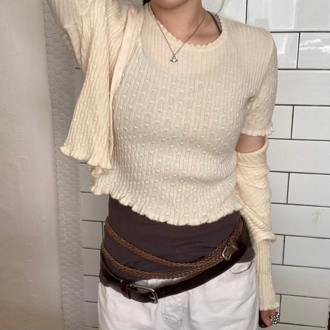 니트 반팔 가디건 세트 (아이보리) 상품이미지1