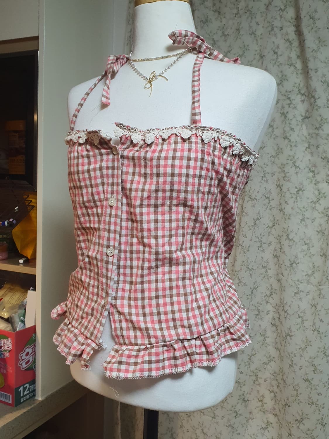 [리폼] 베이비돌탑 체크 블라우스 핑크 브라운 프릴 상품이미지3