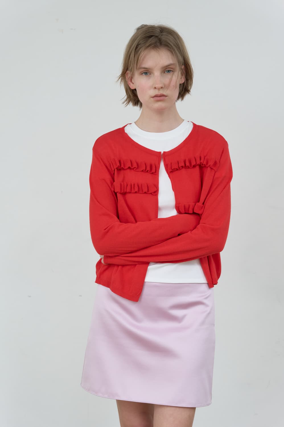 (새상품) 마조네 sheer frill 가디건 레드 상품이미지4