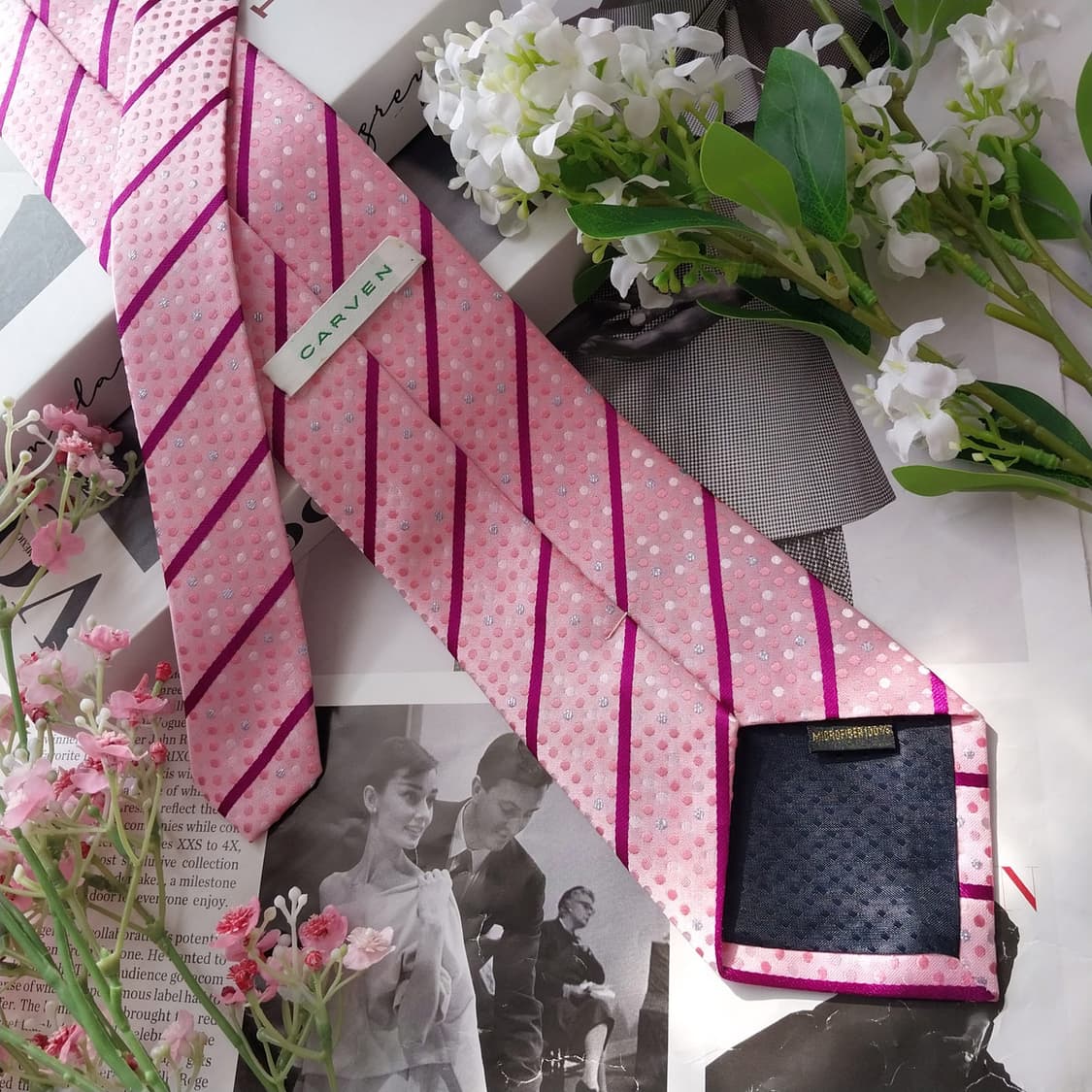 까르뱅 실크 핑크 스트라이프 도트 넥타이 8.8cm A+등급 K2224
 상품이미지6