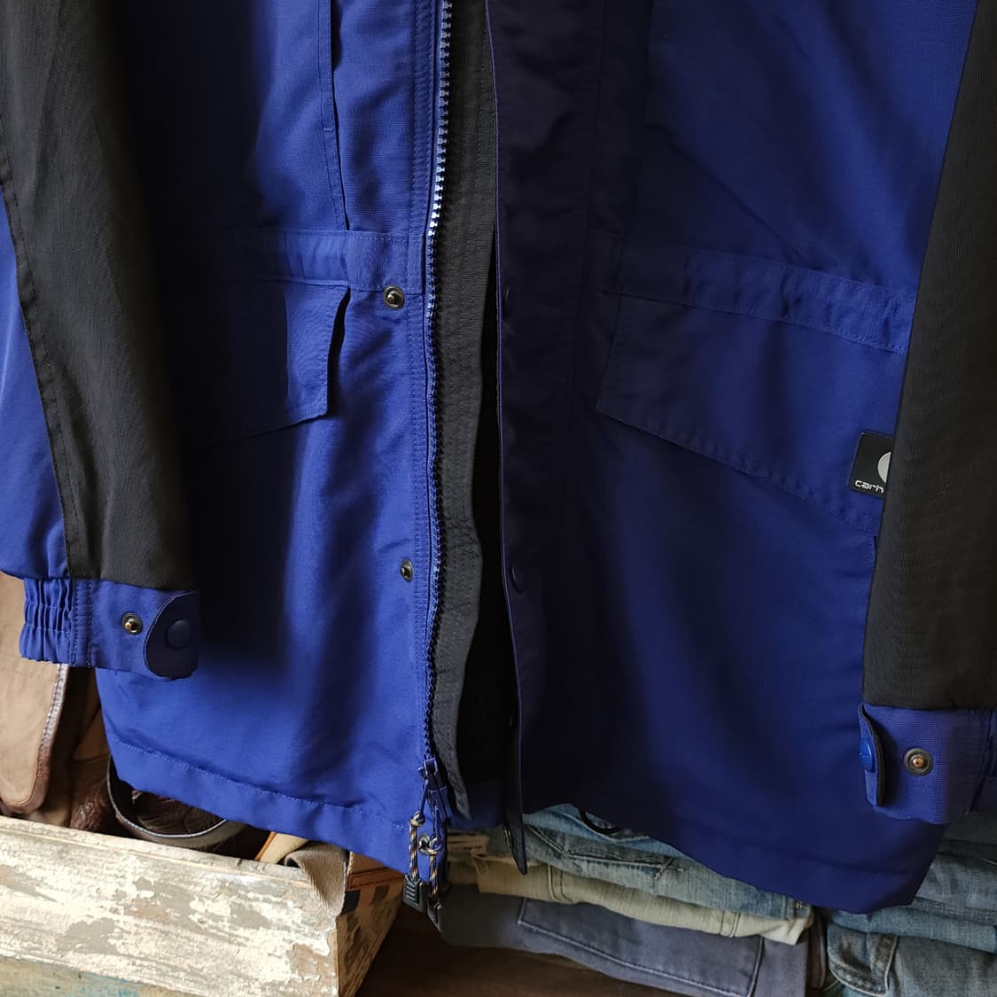 00s 칼하트 마운틴 파카 엔지니어드 블루 블랙 후드점퍼 워크자켓 L 상품이미지4