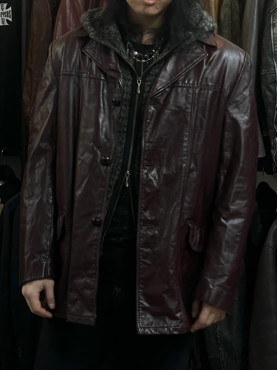 80's 빈티지 버건디 레더 자켓 레더 블레이저 카코트 상품이미지10
