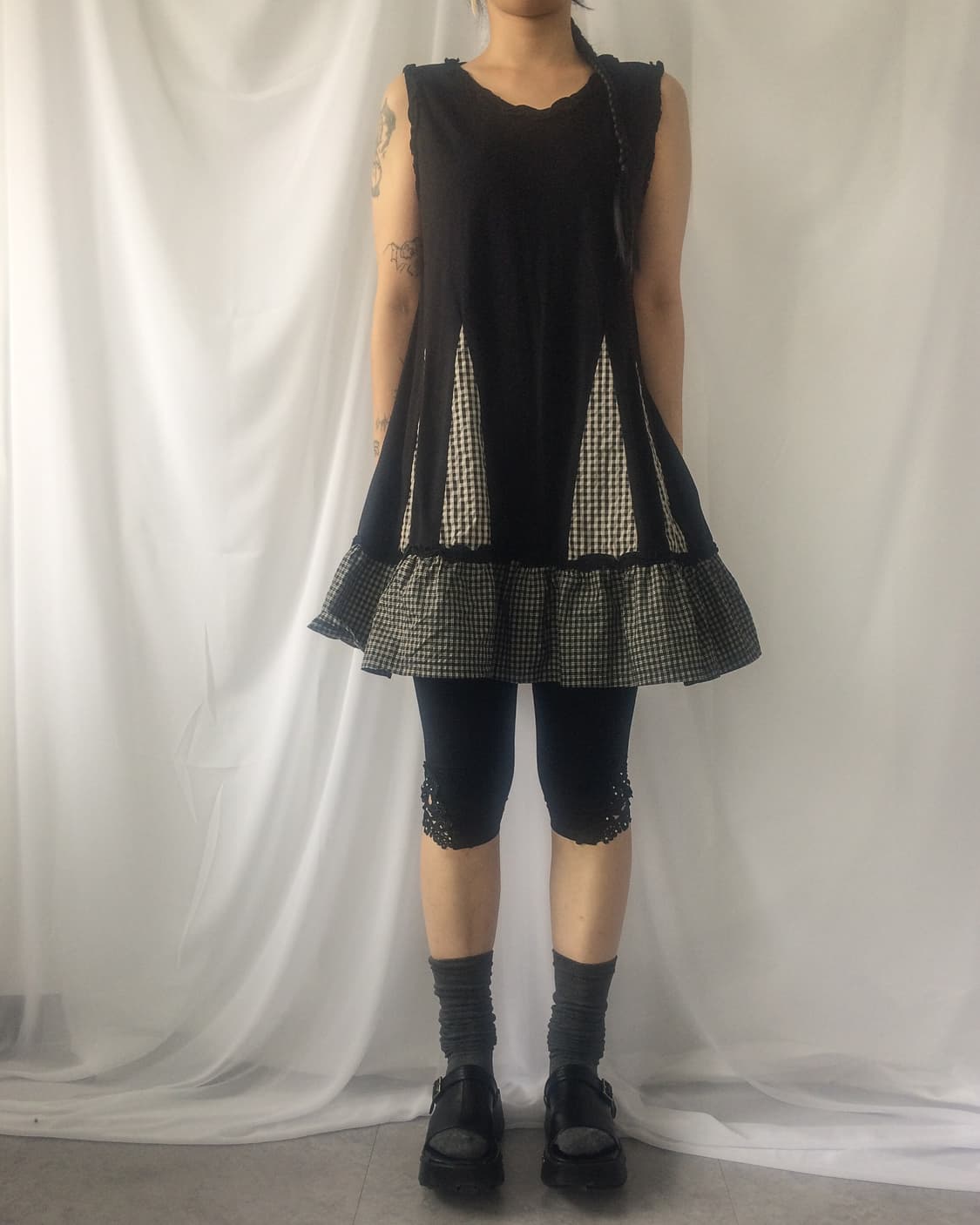 Check pattern mixed sleeveless onepiece 상품이미지1