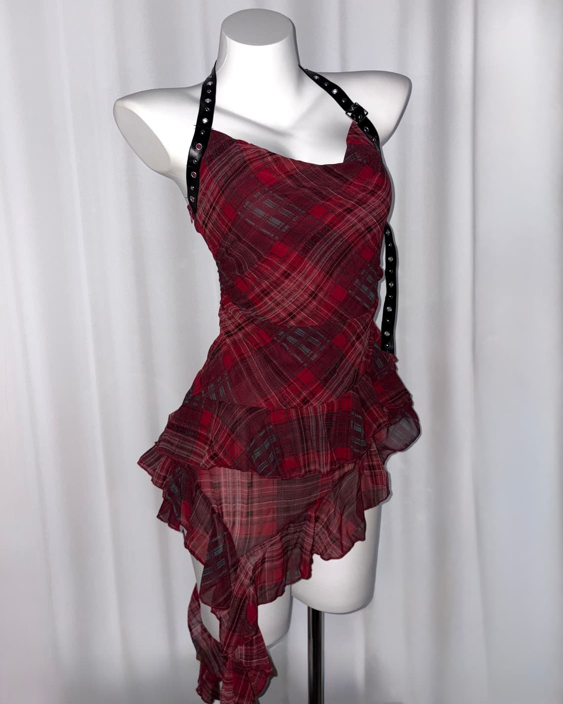 misako punk 나나 갸루 펑크 벨트 레드 체크 프릴 원피스 드레스 상품이미지1