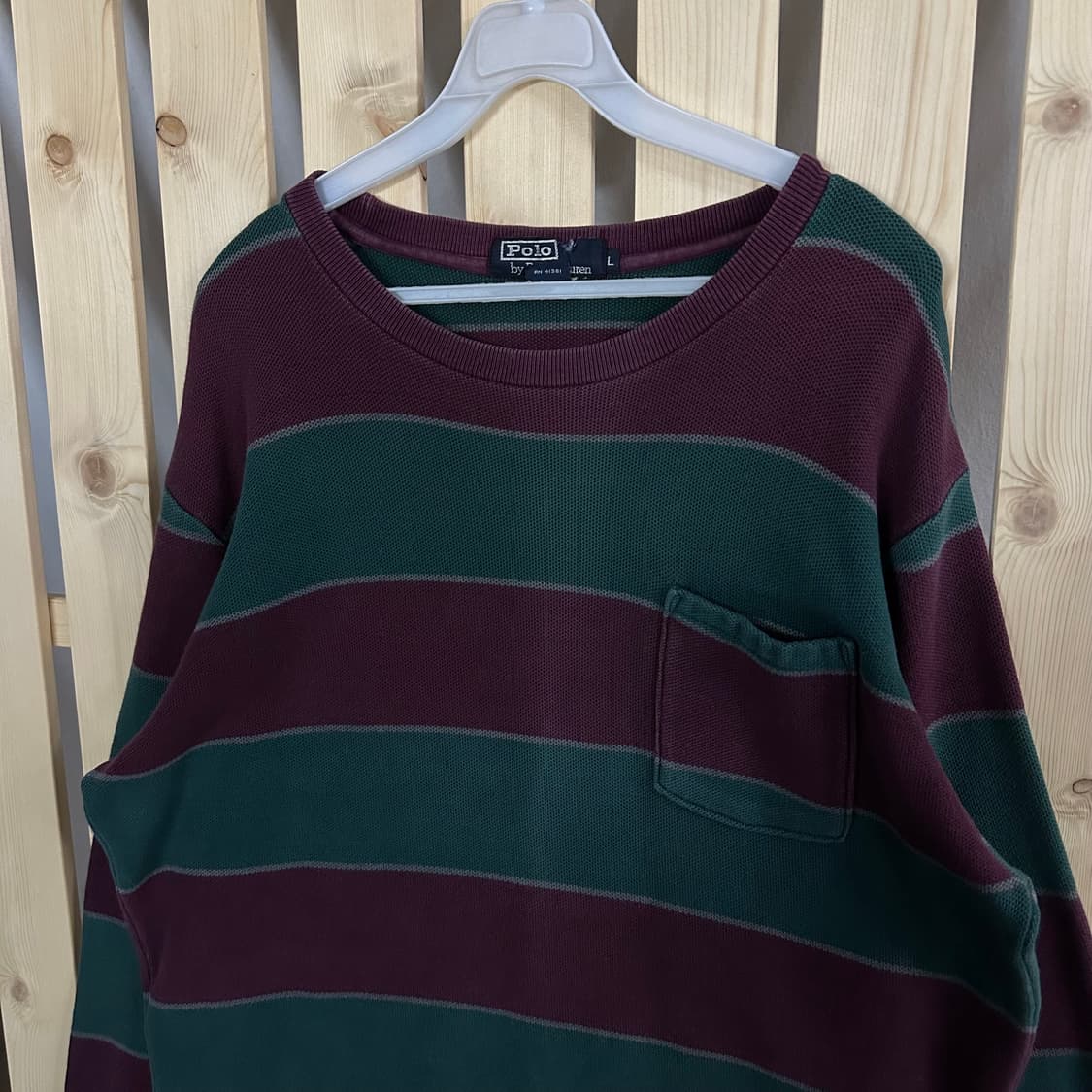 (L) 폴로 랄프로렌 버건디 딥그린 스트라이프 포켓 롱슬리브 티셔츠 상품이미지4