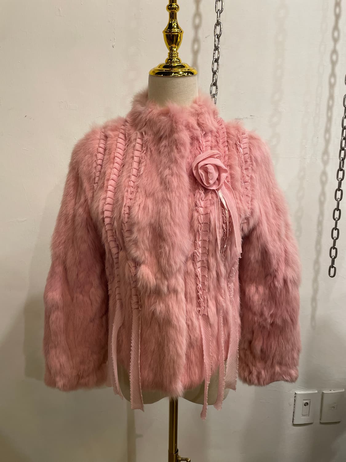 장미 포인트 토끼털 핑크 퍼자켓 갸루 러블리 상품이미지2