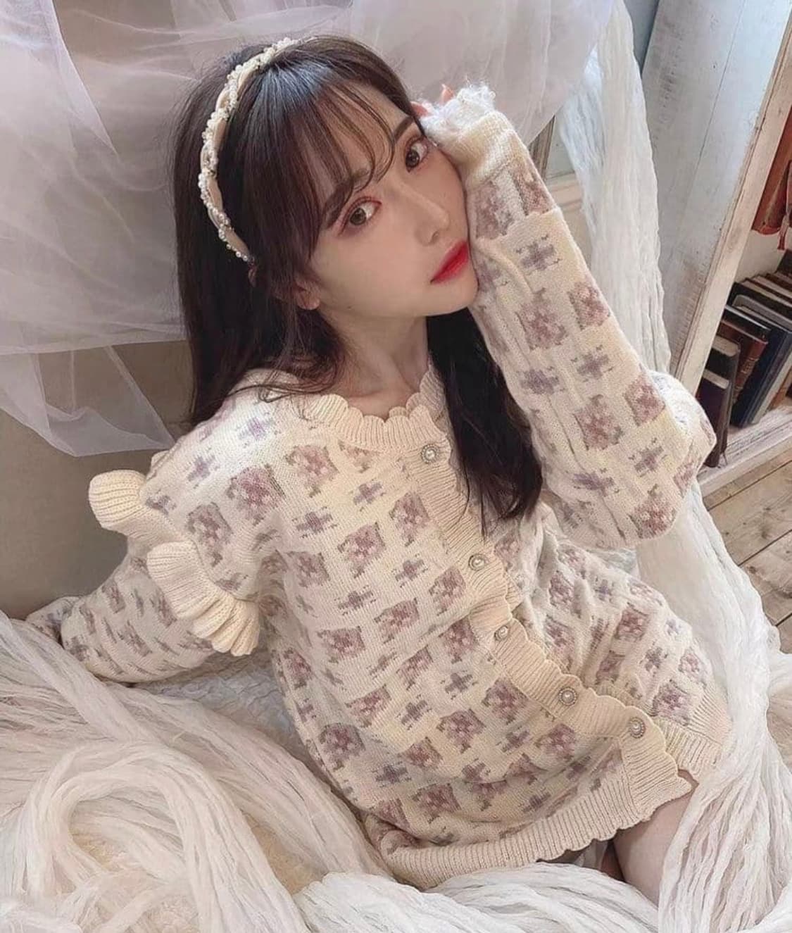 Swankiss 일본빈티지)양산형st 로맨틱 프릴 진주 플라워 니트가디건 상품이미지1