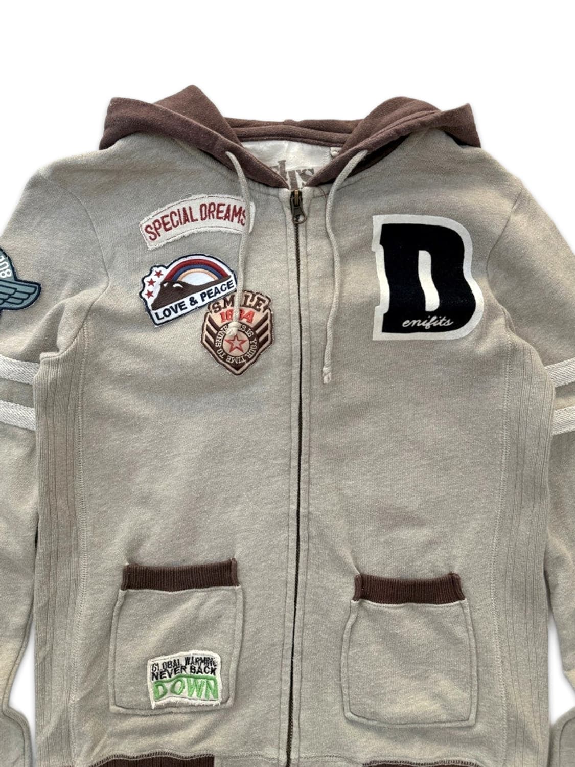 빈티지 denifits 베이지 브라운 패치 집업 후드 상품이미지4