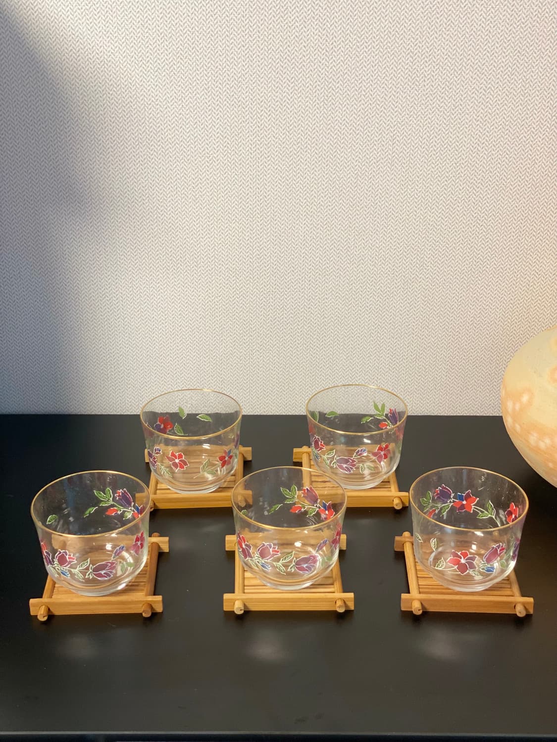 일본수입 ADERIA GLASS 플라워 유리 찻잔 5객 세트 (우드 받침 상품이미지6