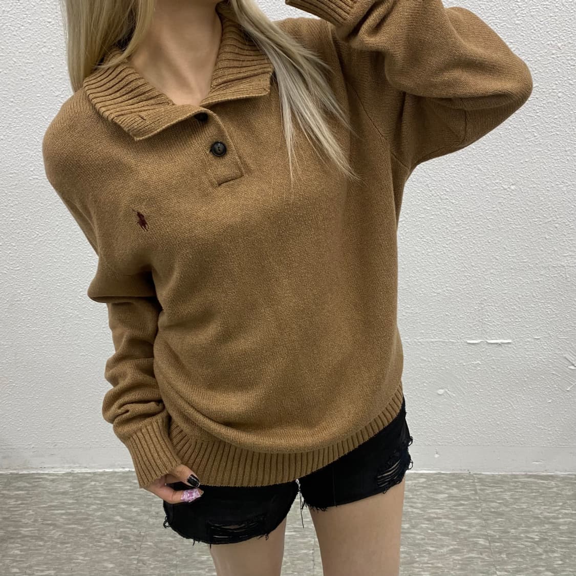 폴로 랄프로렌 브라운포니 카라멜맛 반집업 단추 니트 XXL 상품이미지1