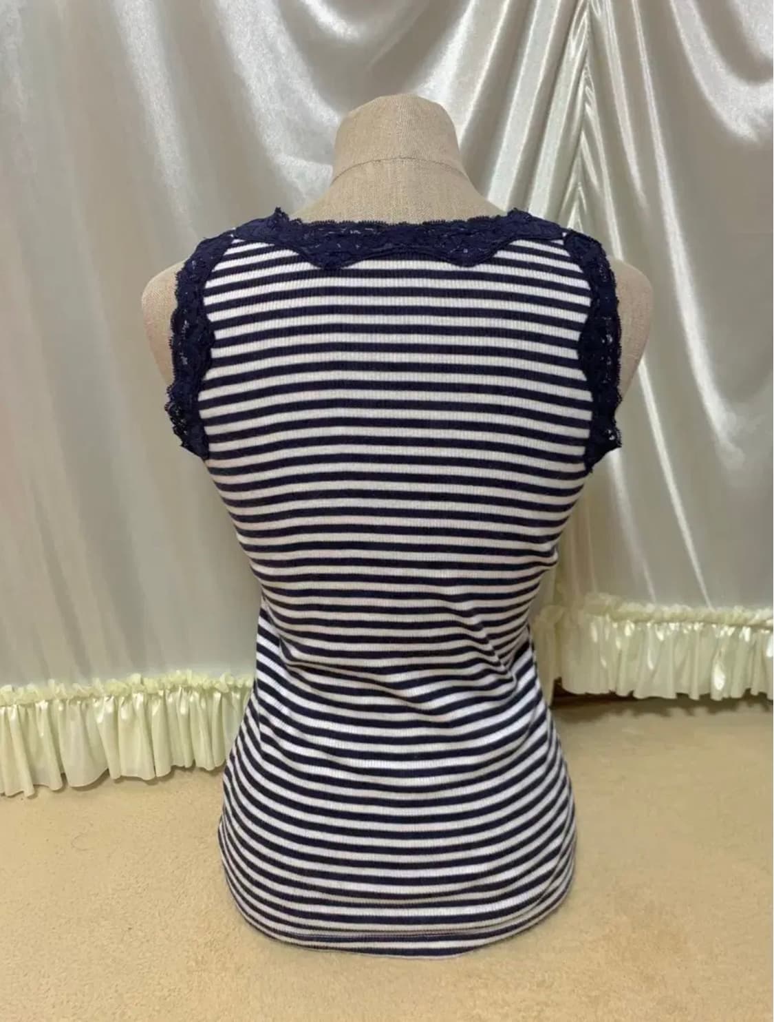 스트라이프 레이스 리본 슬리브리스 탑 빈티지 펑크 갸루 상품이미지2