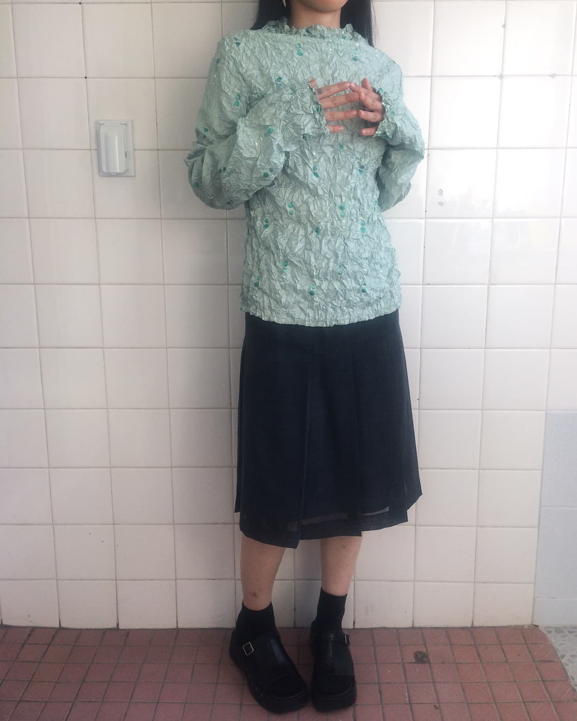 Dot point pleats high neck sleeve 상품이미지6