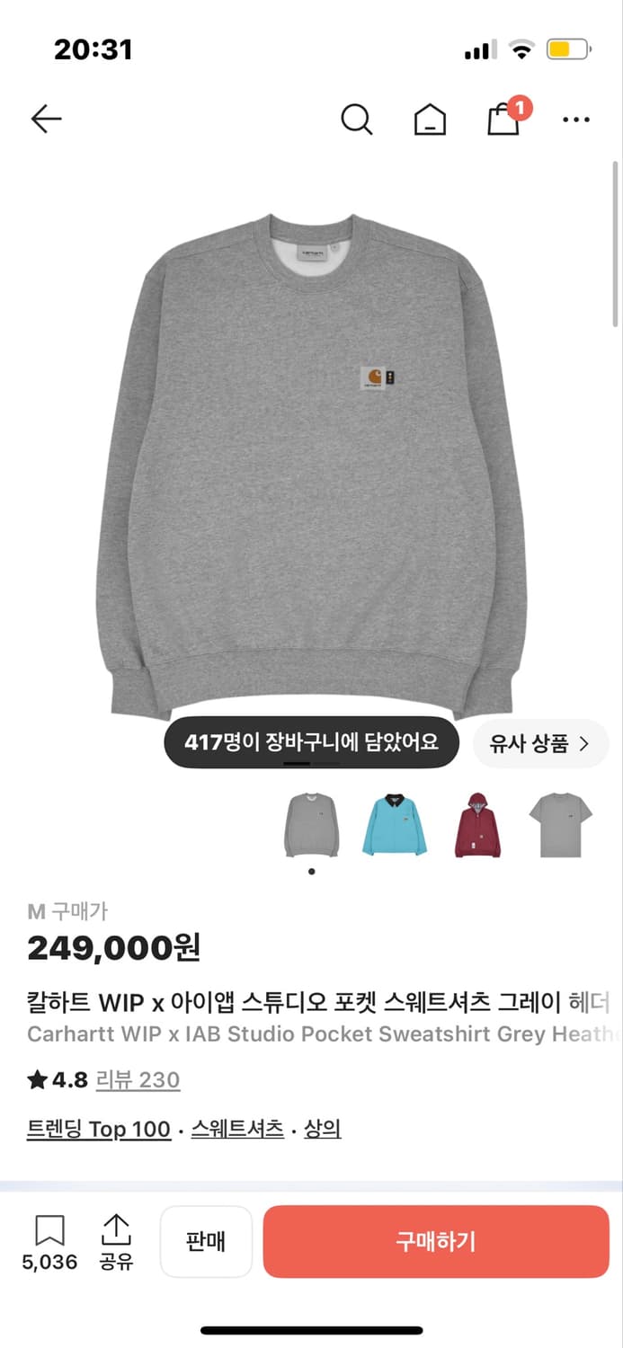 칼하트 아이앱스튜디오 맨투맨 회색  상품이미지1
