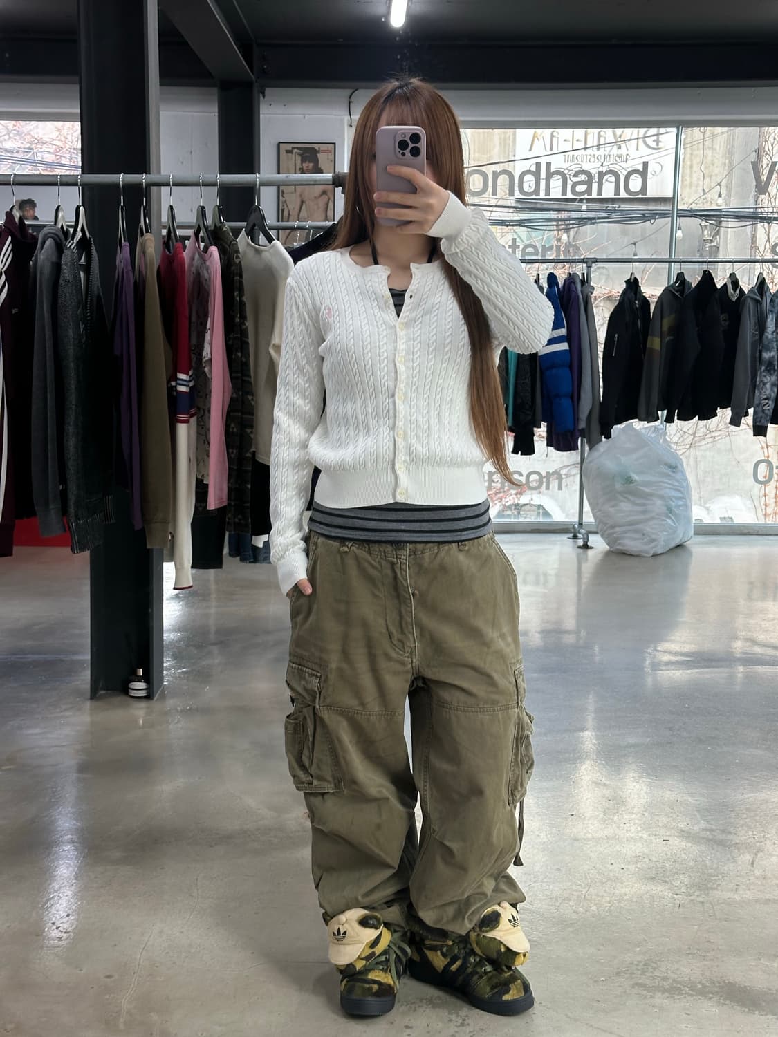 폴로랄프로렌 케이블 버튼 가디건 화이트핑크 상품이미지3