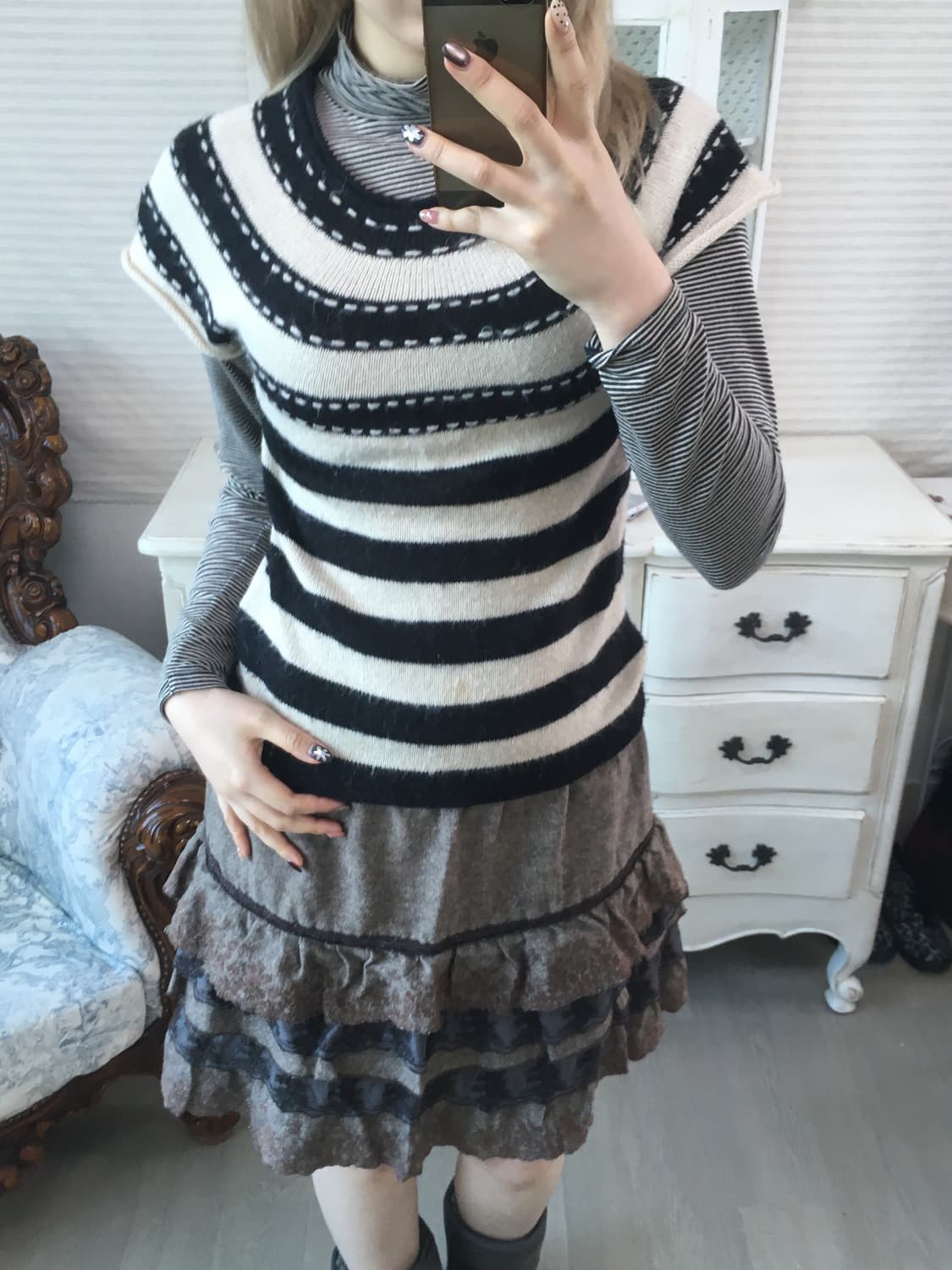 일본빈티지 블랙 아이보리 스티치 하프 니트 상품이미지4