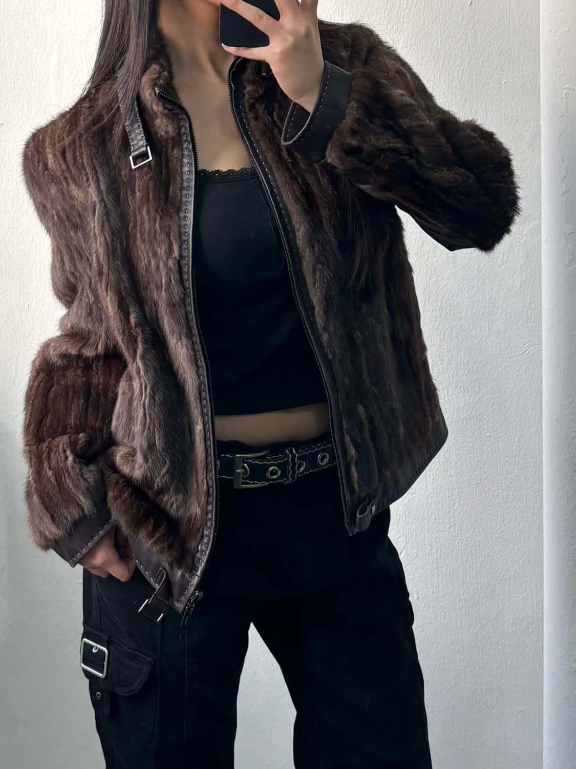 Vintage Brown Leather Mink Fur Jacket 상품이미지5