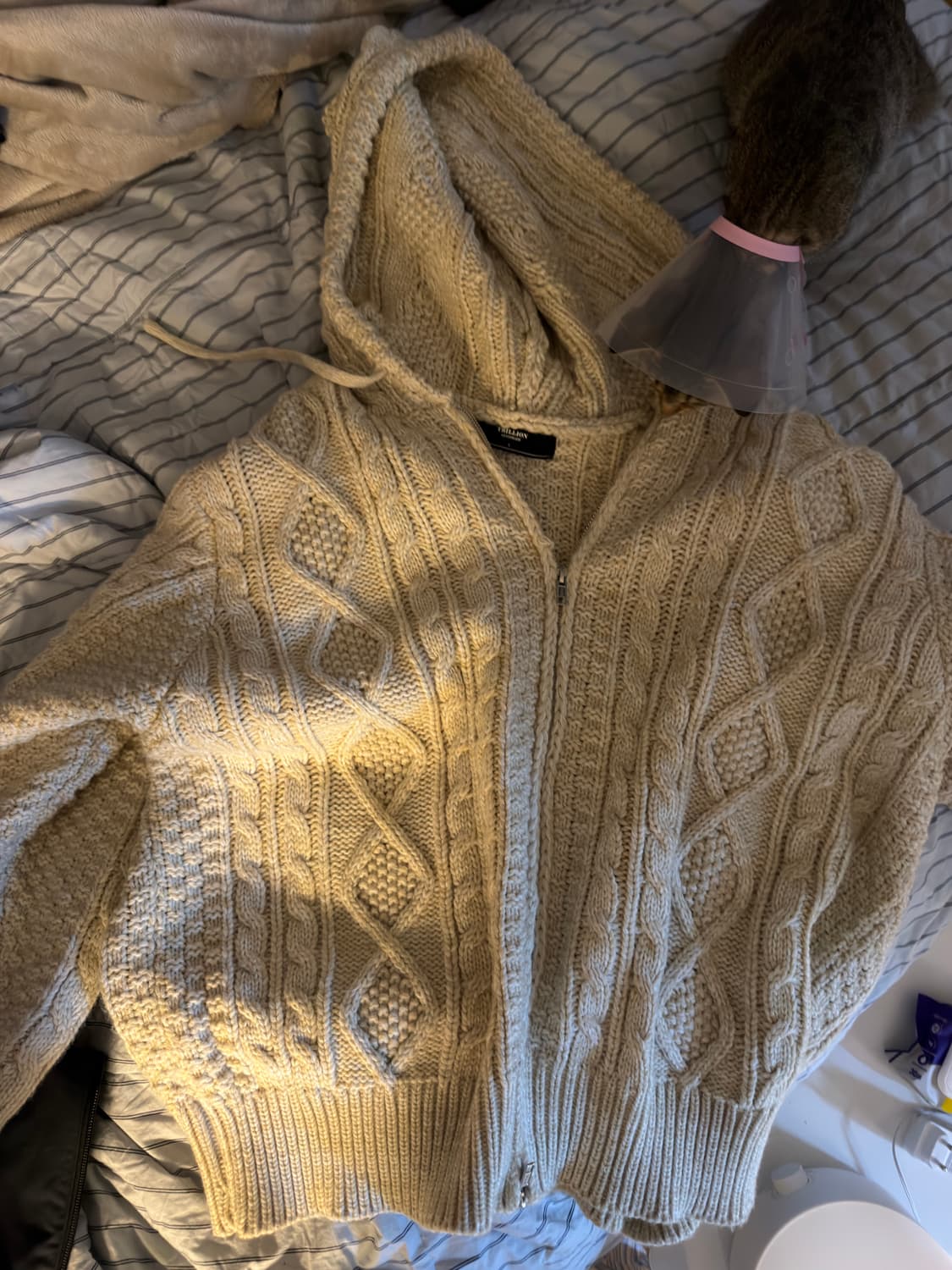 워셔블 아란 케이블 후드 집업 니트 (IVORY) L 상품이미지1