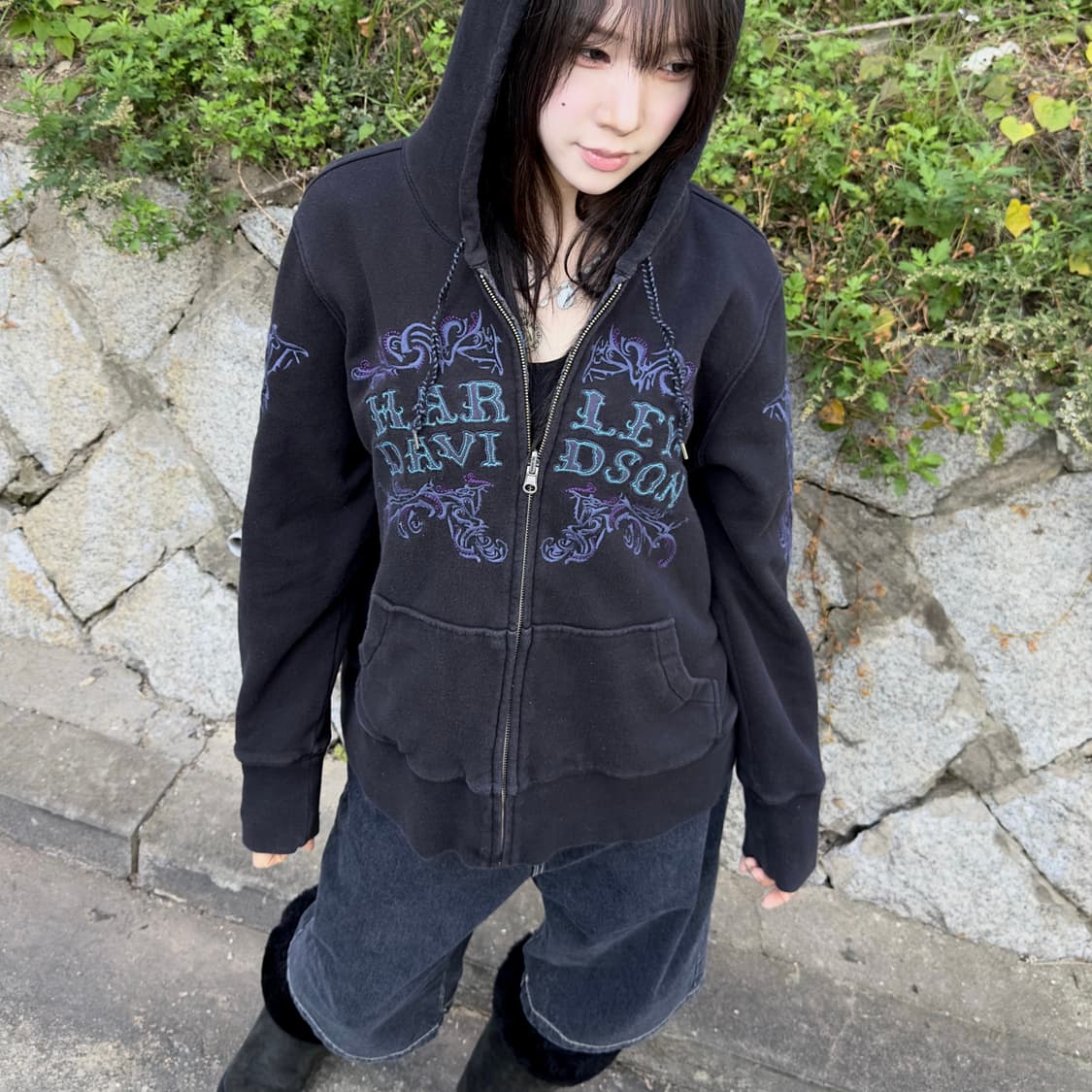 2011 투웨이 리버시블 할리데이비슨 해골 나비 후드 집업 상품이미지6