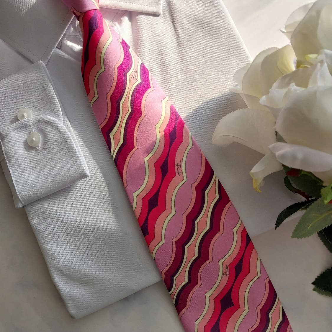 에밀리오 푸치 실크 핑크 웨이브 패턴 넥타이 9.5cm A등급 K1342 상품이미지6