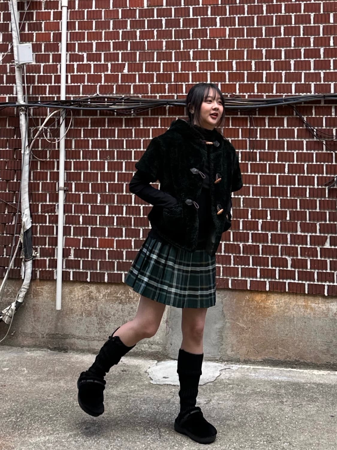 더플 퍼자켓 시스루 목폴라 체크 스커트 코디세트 상품이미지1