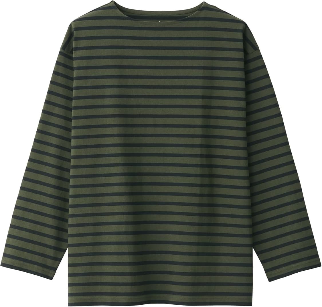 무인양품 muji 보트넥 9부 소매 티셔츠 카키그린보더 XL 새상품 상품이미지3