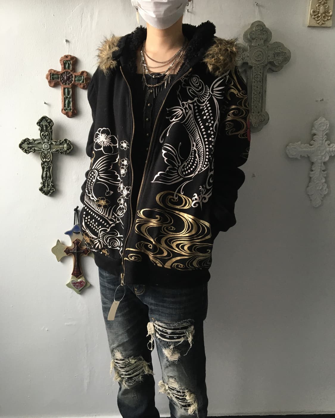 Fake fur hood oriental printing zip up 상품이미지8