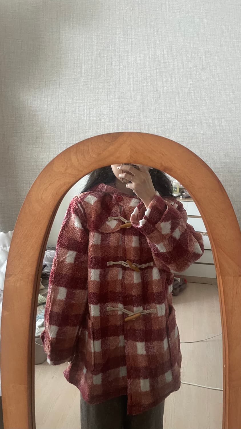 모리걸 빈티지 체크 떡볶이 후드 코트 💗♥️ (착용샷) 상품이미지7