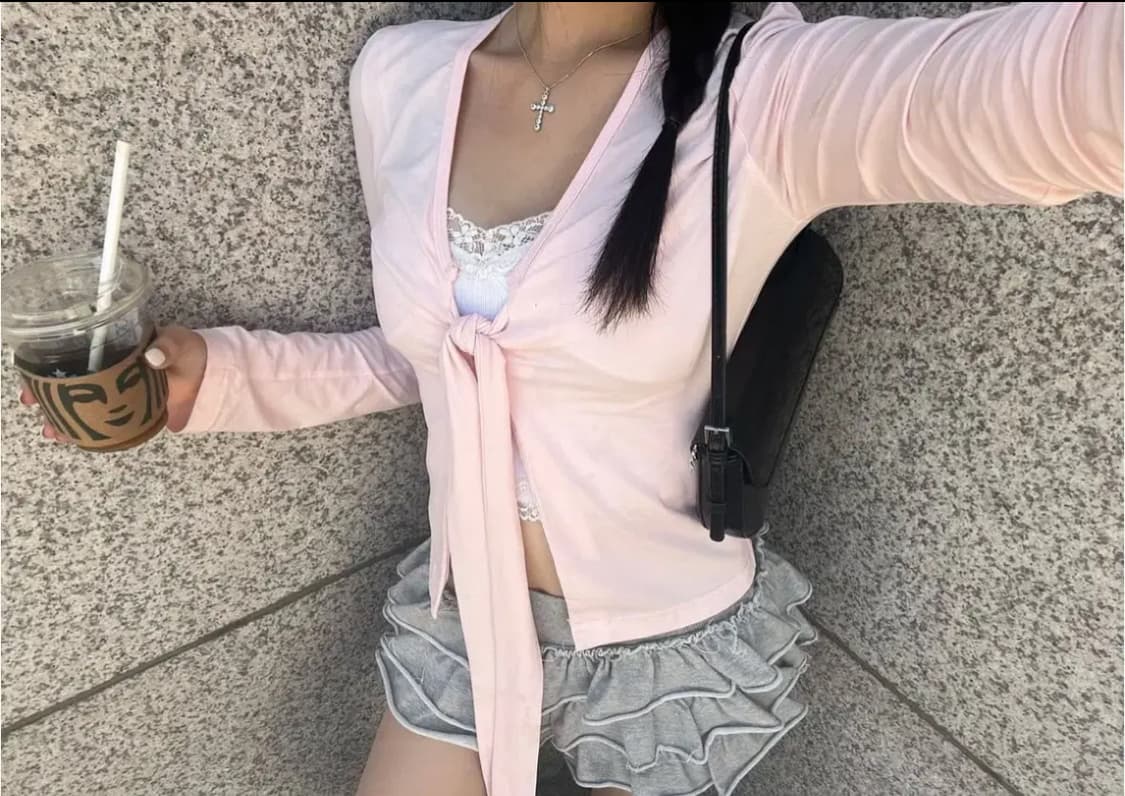 포어링 타이 리본 가디건 핑크 상품이미지1