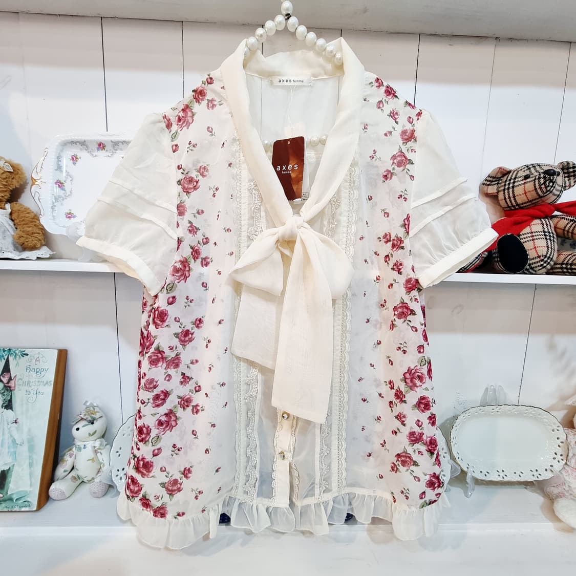 엑시즈팜  시스루 리본타이 프릴 블라우스 상품이미지2