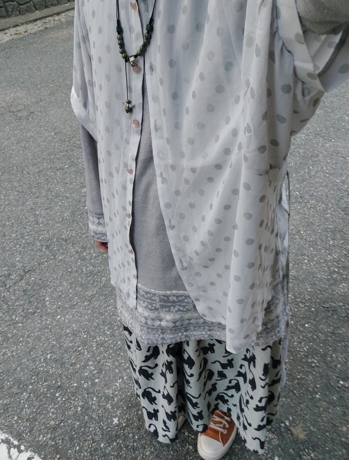 모리걸 너드 땡땡이 도트 시스루 회색 블라우스 상품이미지2