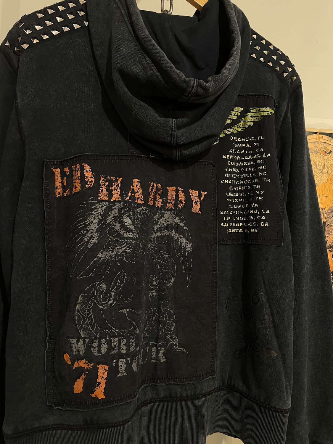 ed hardy 71 월드투어 스터드 패치워크 워싱 네이비 후드집업 상품이미지6