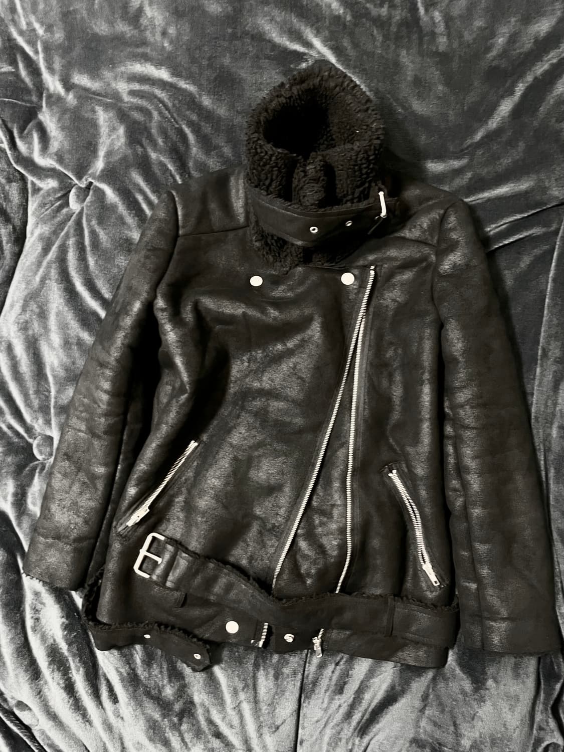 하이넥 벨티드 사선지퍼 시어링 자켓 무스탕 블랙 00s Vkei 락시크 상품이미지8