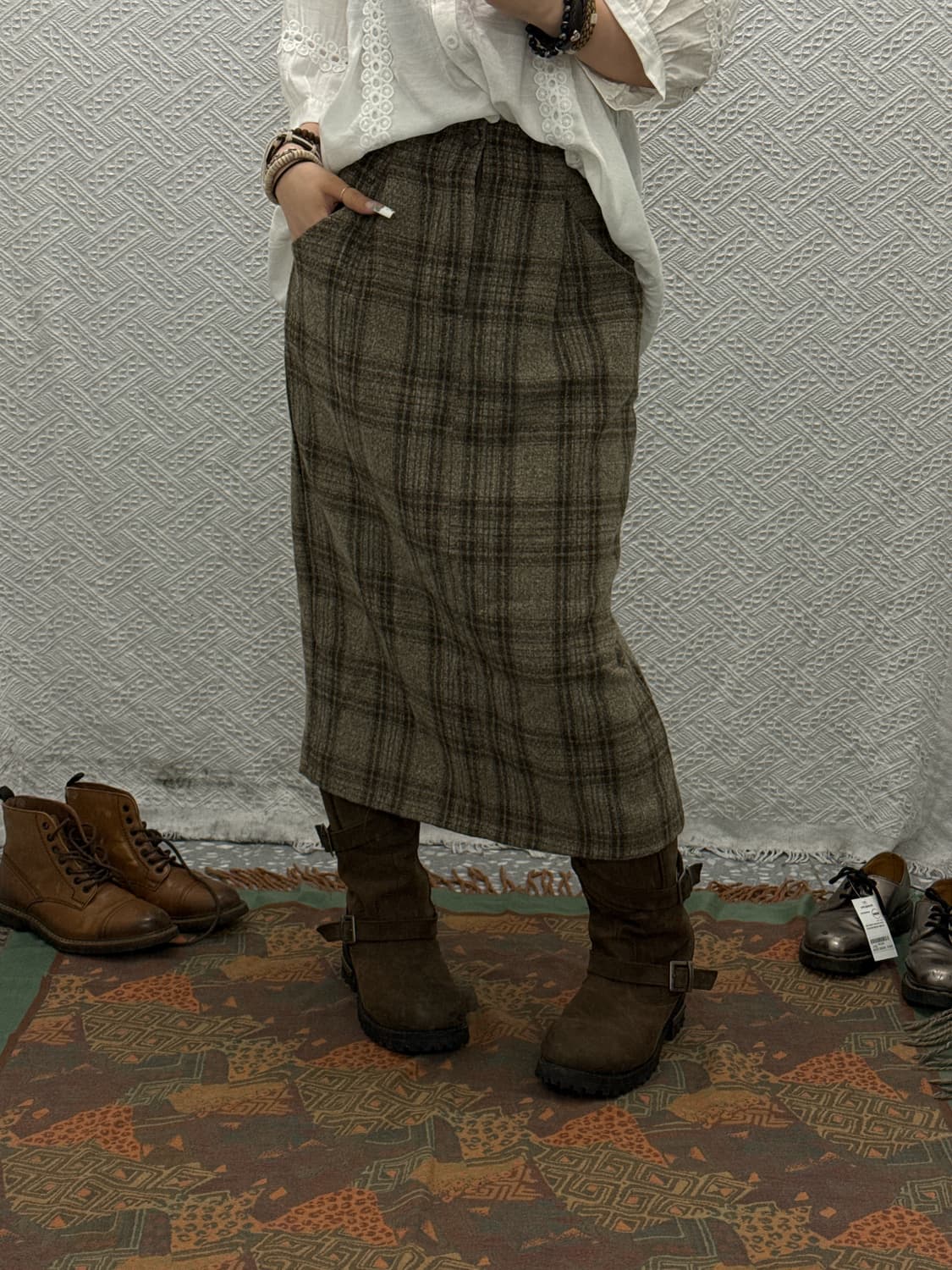 빈티지 코지 밴딩 하구미 타탄체크 롱스커트 K0153 상품이미지1