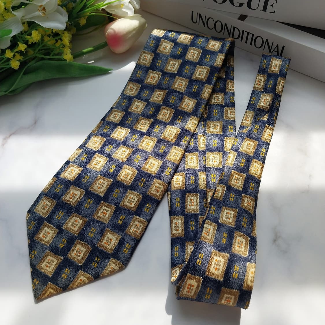 니나리치 실크 네이비&브라운 스퀘어 넥타이 8.5cm A~B등급 K914 상품이미지2