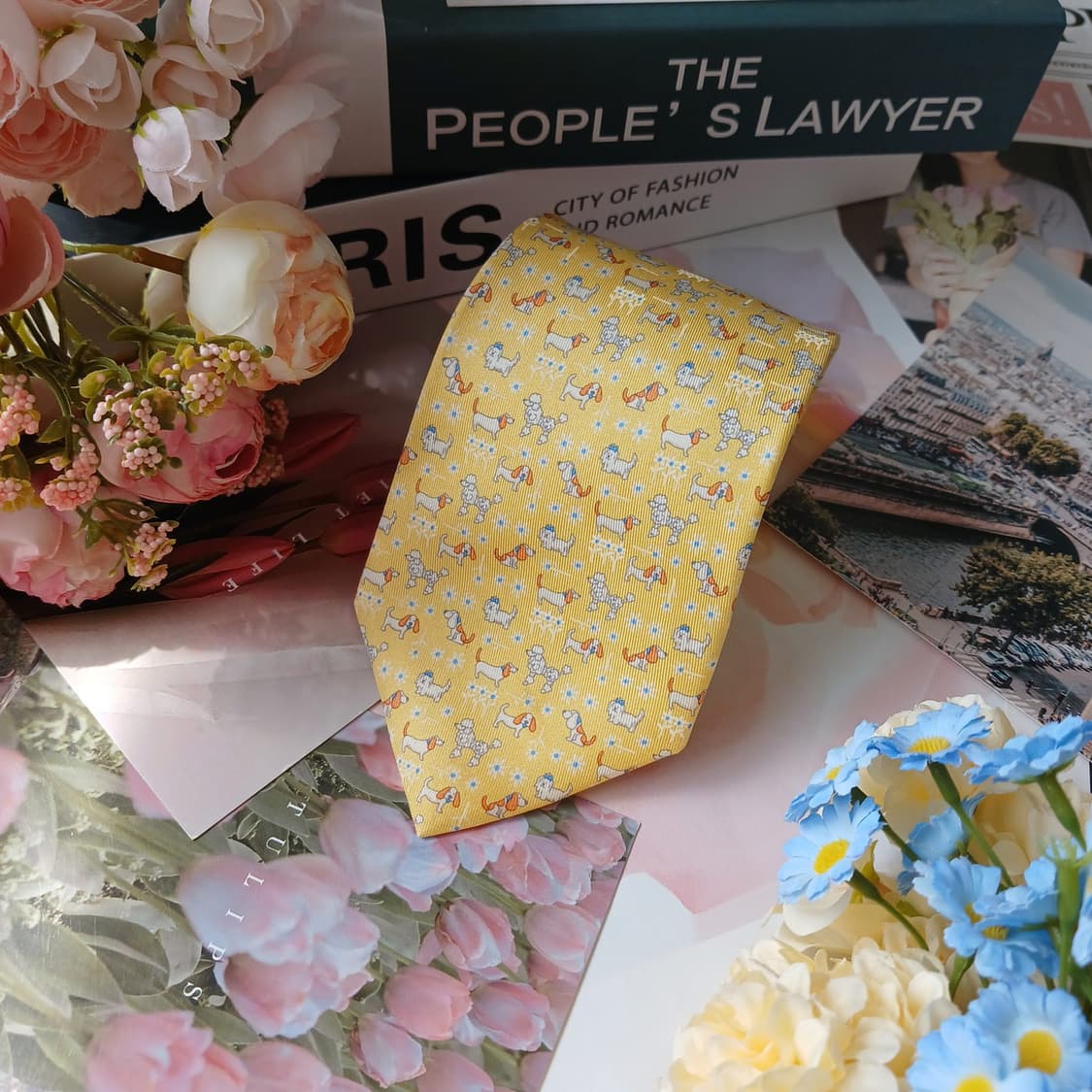 살바토레 페라가모 옐로우 강아지 모티브 넥타이 8.8cm A+등급 G23 상품이미지4