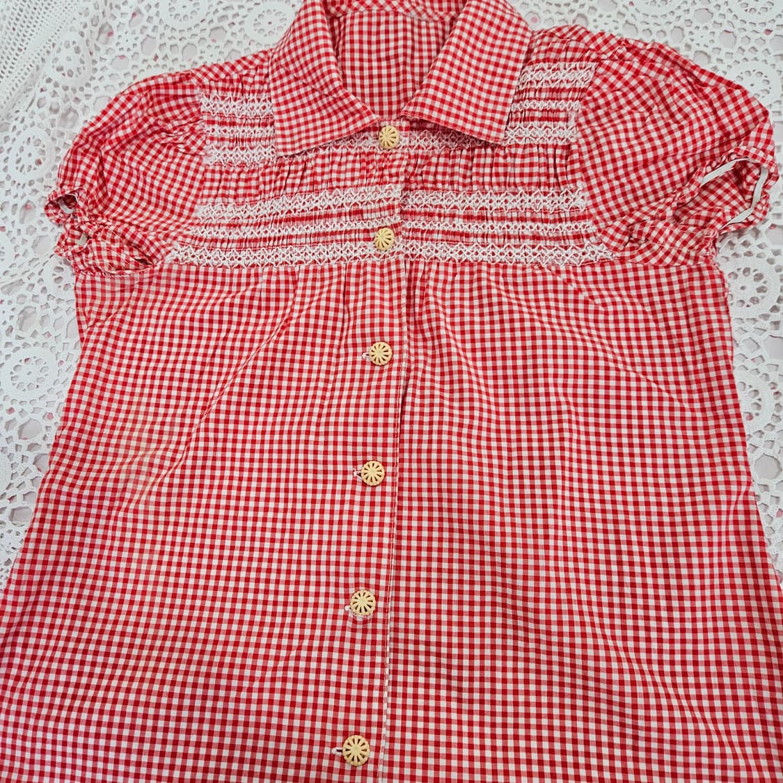 레드 체크 깅엄 반팔 블라우스 상품이미지5