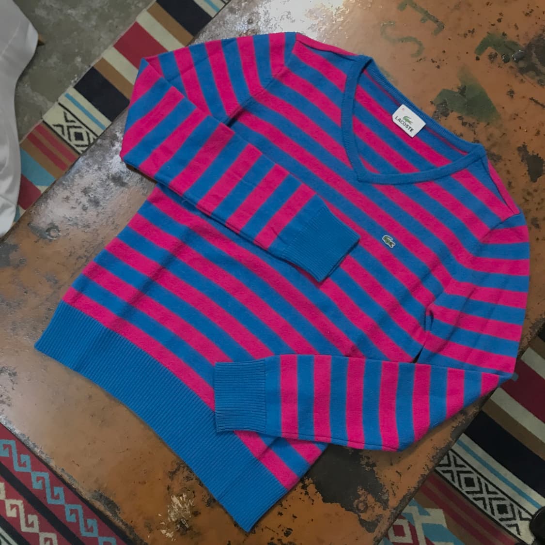 라코스테 핑크 블루 컬러링 단가라 울 브이넥 니트 여성 44 55 사이즈 상품이미지2
