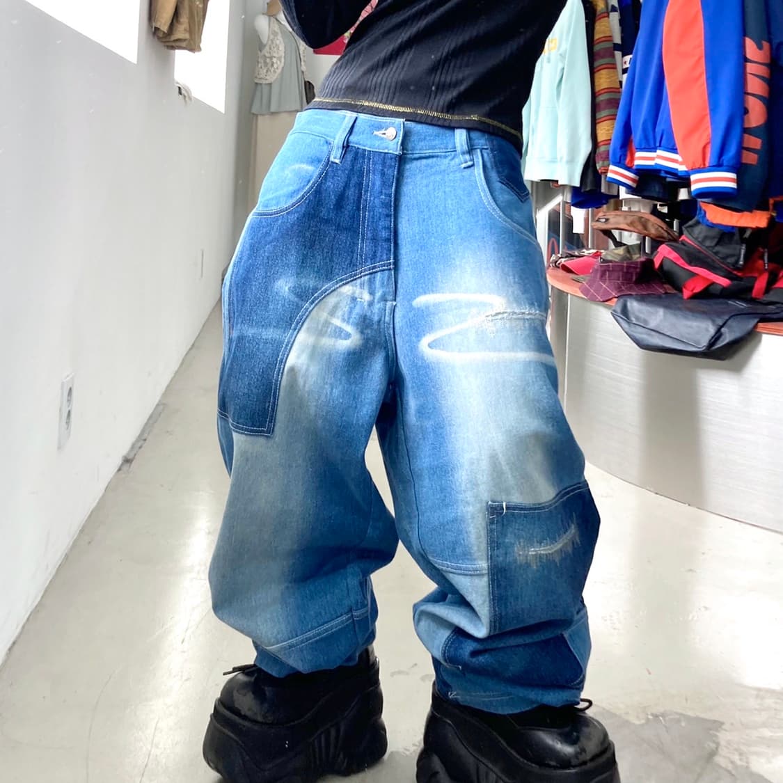 푸부 클라우드 패치워크 올드스쿨 와이드 데님 팬츠 상품이미지1
