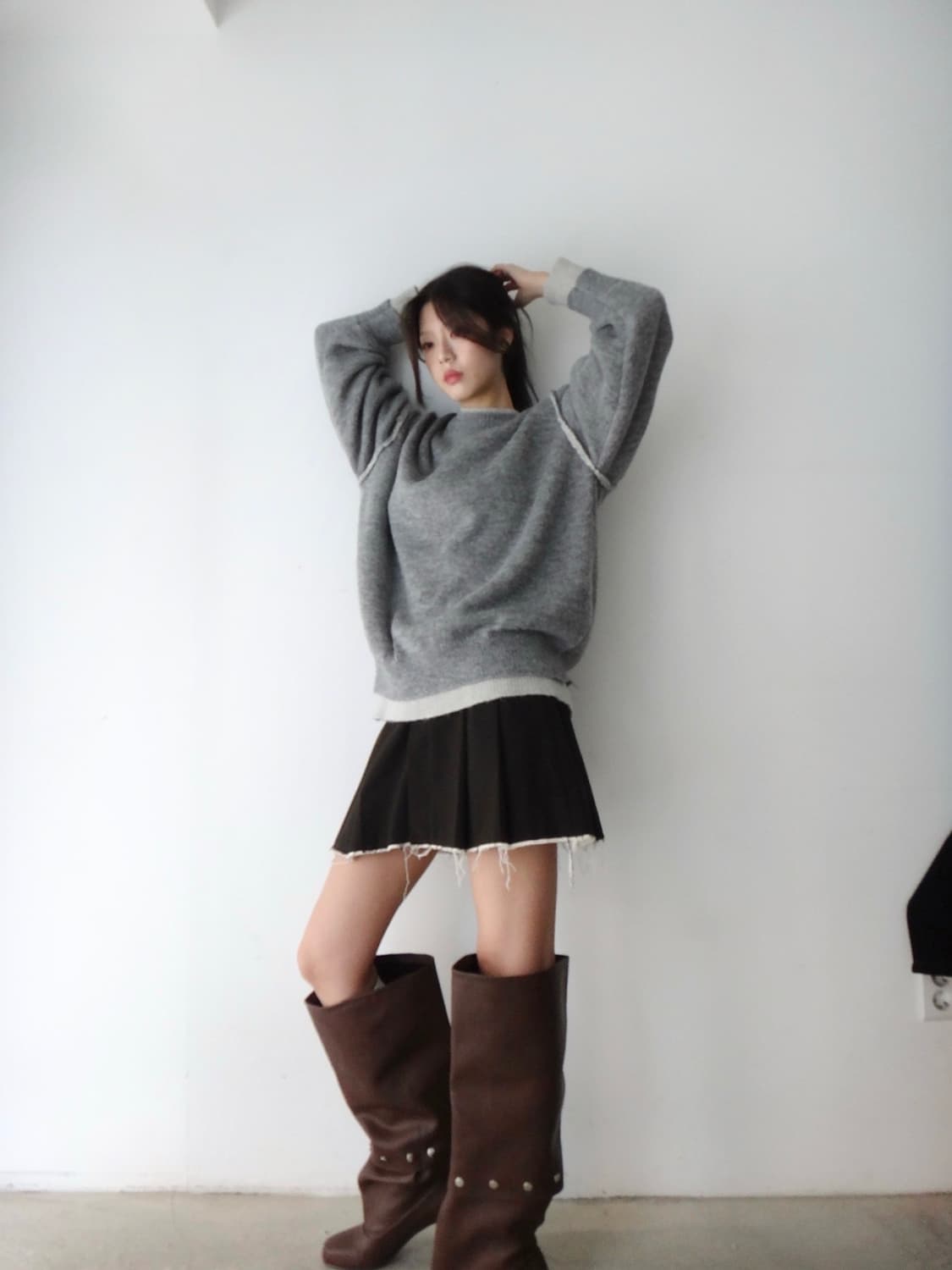 Heavy wool layered trimming knit / grey  상품이미지3