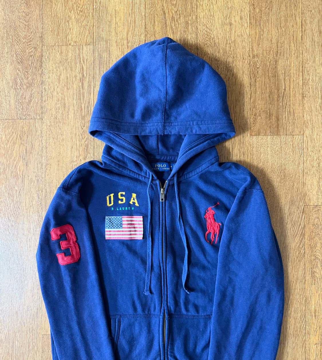 (상태최상,희귀!!)폴로 빅포니 USA 성조기 3로고 네이비 후드집업 m 상품이미지3