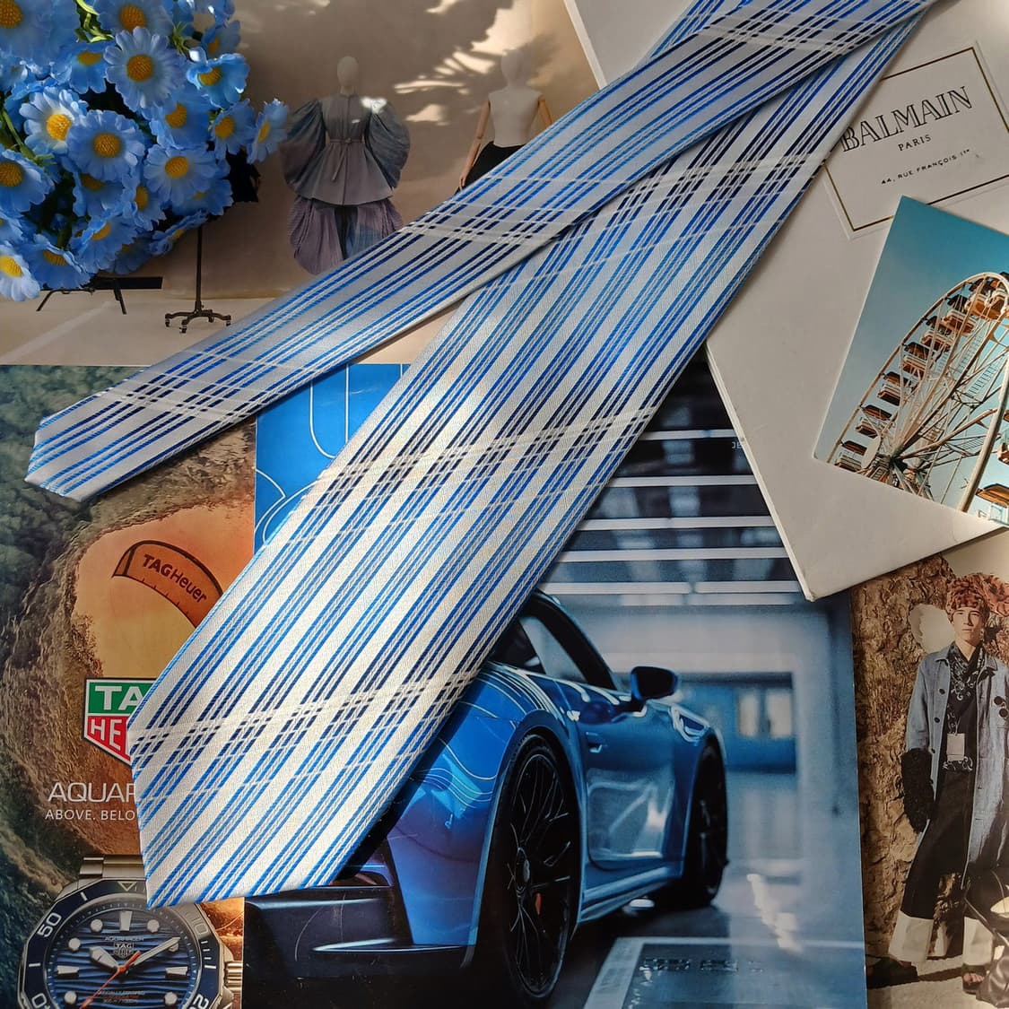 피에르 발망 실크 블루 스트라이프 넥타이 9.1cm A+등급 A19701 상품이미지7