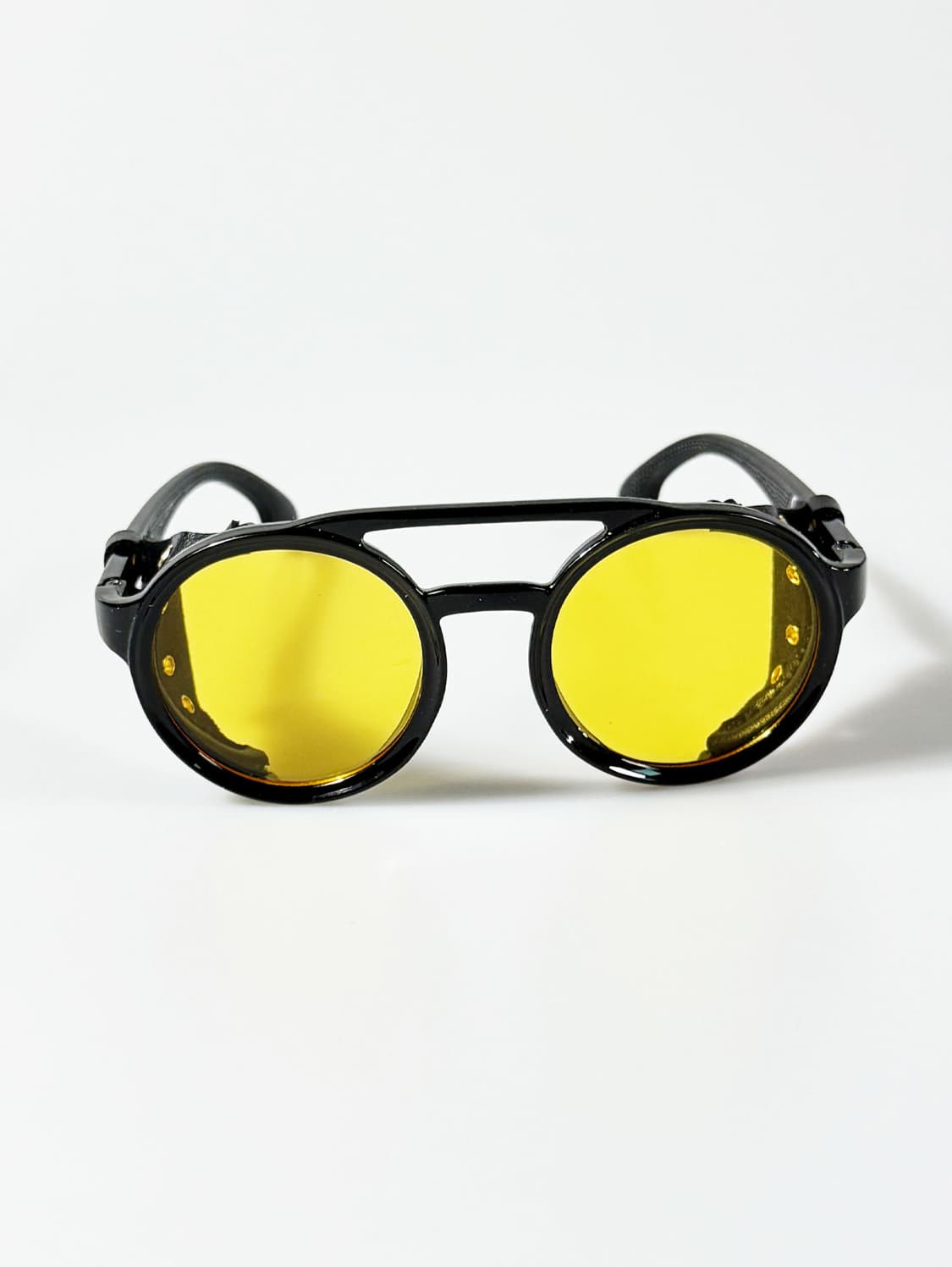 90s 블랙 더블 브릿지 레더 쉴드 라운드 고글 빈티지 틴트 선글라스 상품이미지2