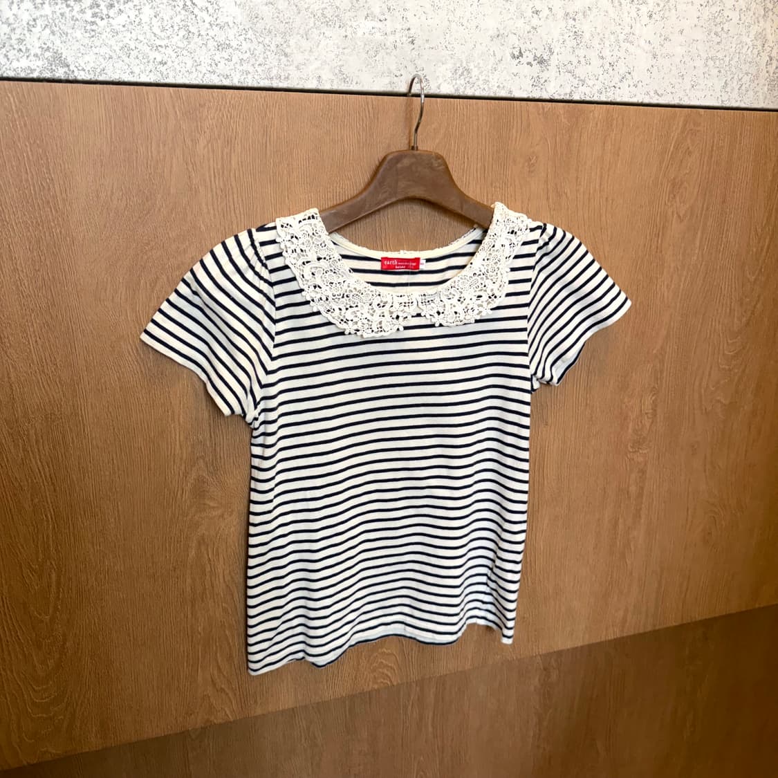 빈티지 반팔 티셔츠 스트라이프 패턴 레이스 세일러 카라 디테일 아이보리 상품이미지1