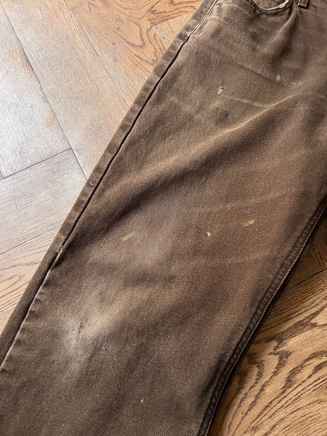 [36]칼하트 USA 체크 라이닝 빈티지 워싱 다크브라운 워크 데님 팬츠 상품이미지5