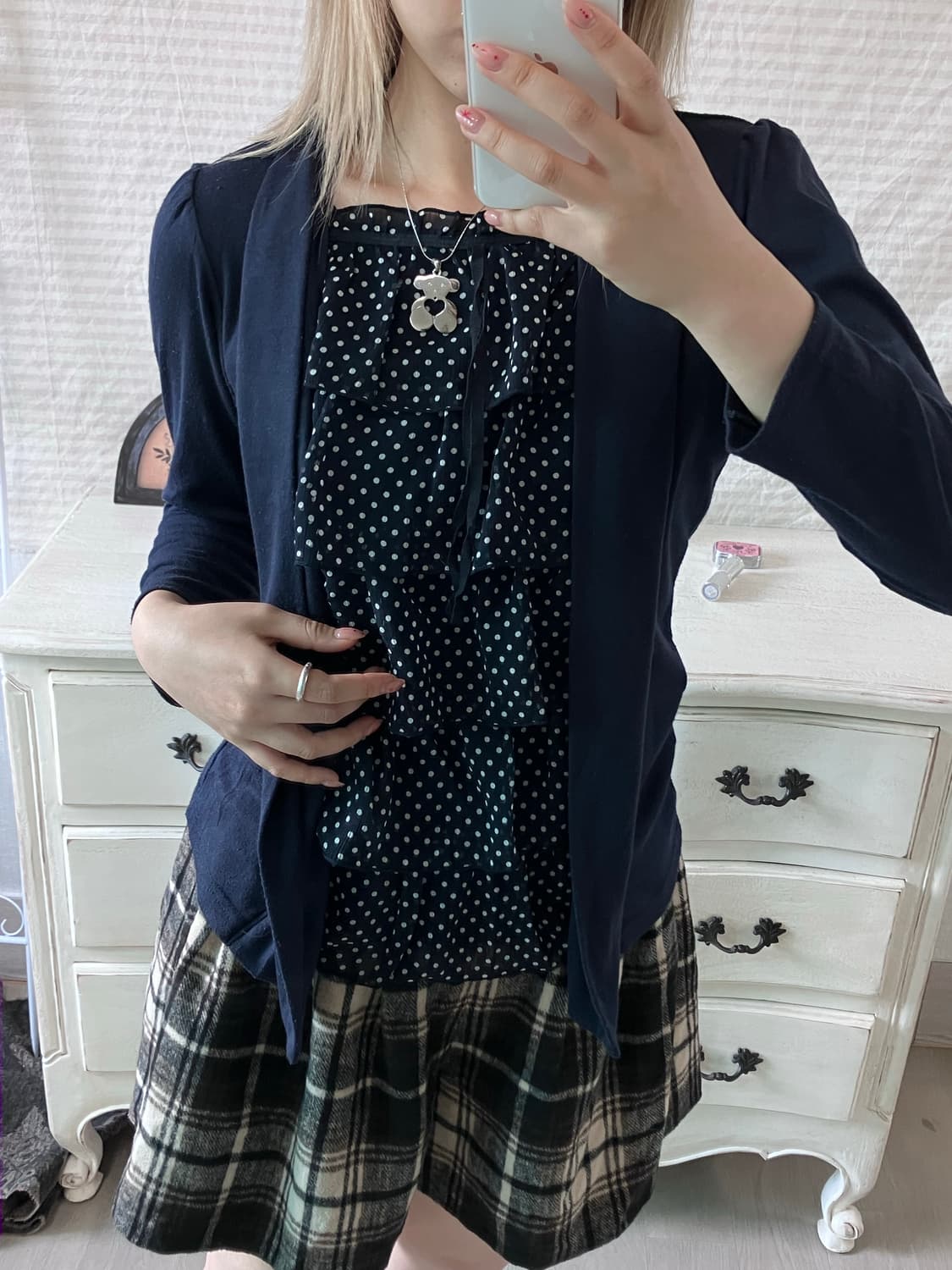 jpn vintage 네이비 도트 프릴 블라우스 롱 슬리브 상품이미지1