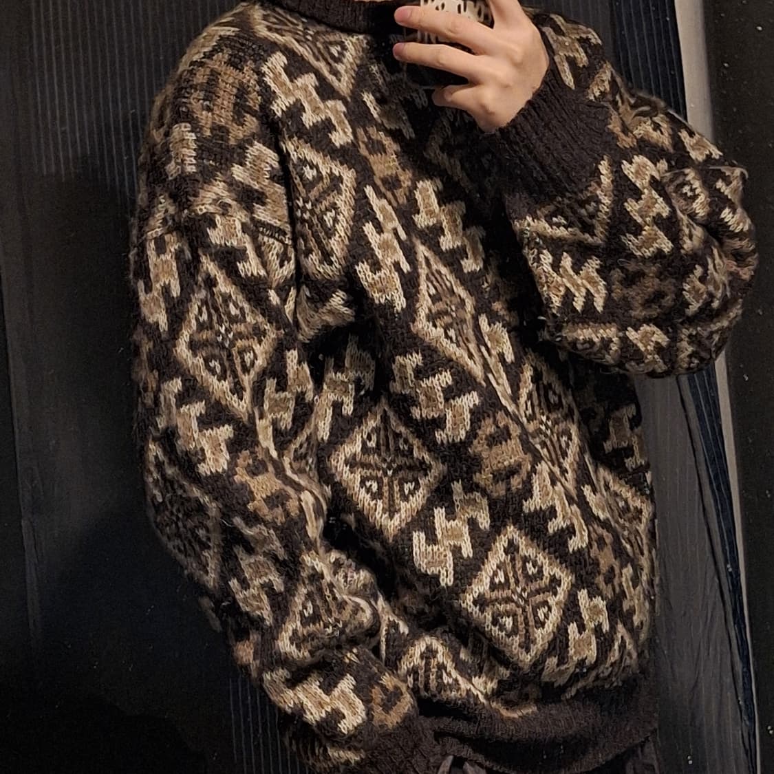 빈티지 브라운 베이지 멀티컬러 에스닉 패턴 퓨어울100 라운드넥 니트 상품이미지1