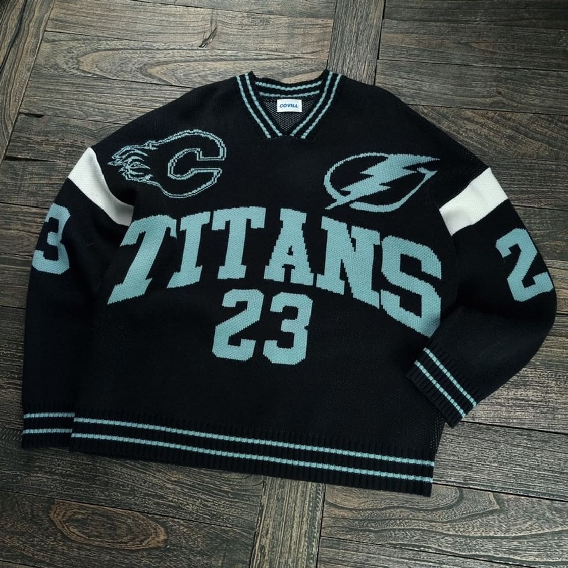 [빈티지] 럭비 그래픽 오버핏 니트 블랙 M18503 상품이미지1