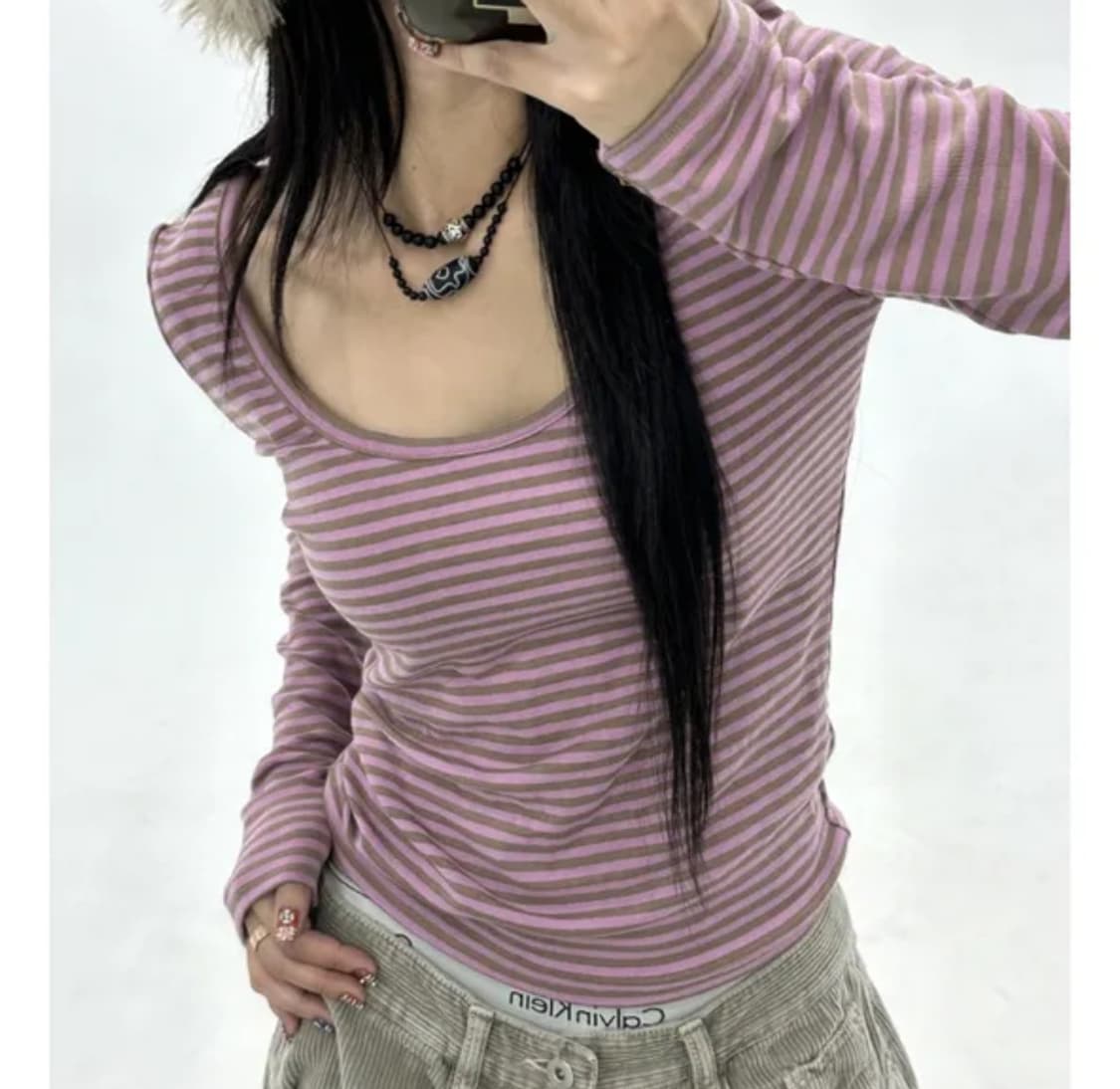 스트라이프 유넥 티셔츠 (빈티지 단가라 핑크 긴팔 딥 u넥 보세 에이블리 상품이미지1