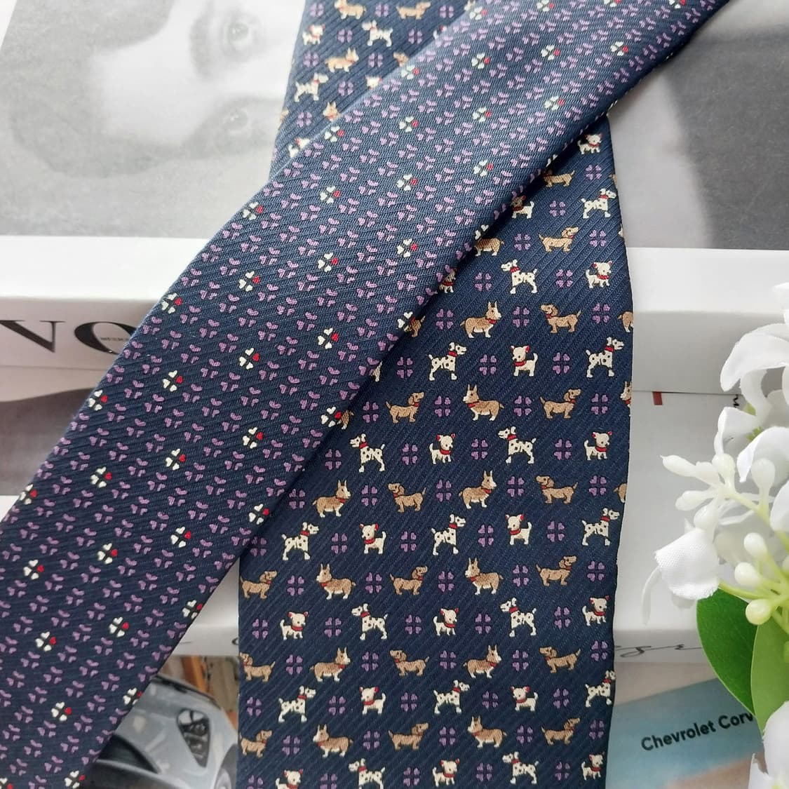 챕스 실크 네이비 강아지 패턴 넥타이 7.5cm A+등급 K1762 상품이미지4