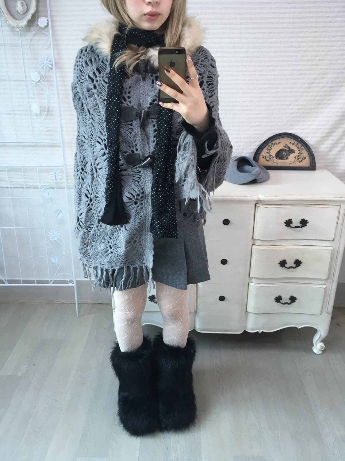 일본빈티지 차콜 퍼후드 케이프 더플 가디건 상품이미지1